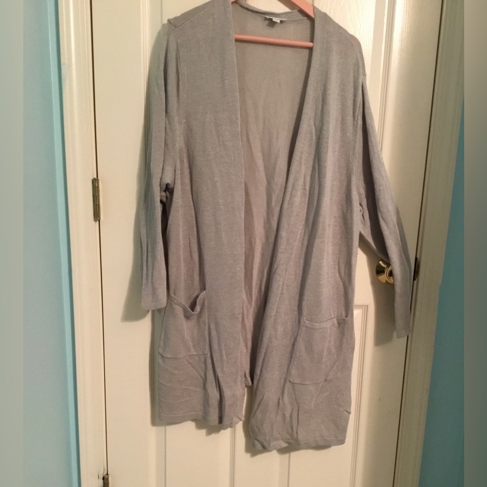 Plus Size Linen Blend Gray Lightweight Sweater Cardigan, 4X J Jill